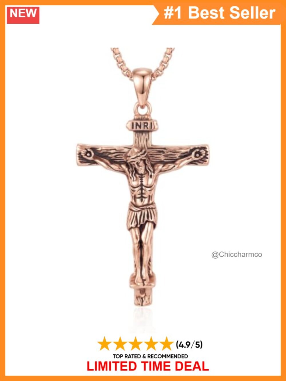 14K Gold Plated Jesus Cross Pendant Necklace 22+2" Adjustable Unisex